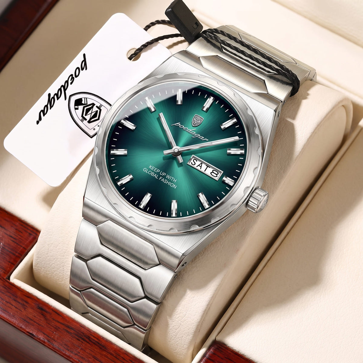 Montre Tendance avec Cadran Vert et Bracelet en Acier Inoxydable pour Hommes