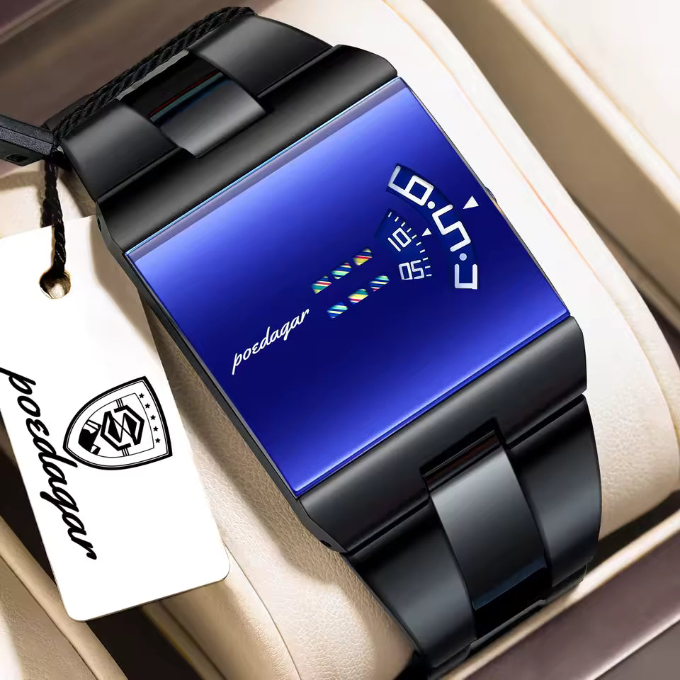 Elegant Rectangular Men's Watch with a Black Stainless Steel Bracelet