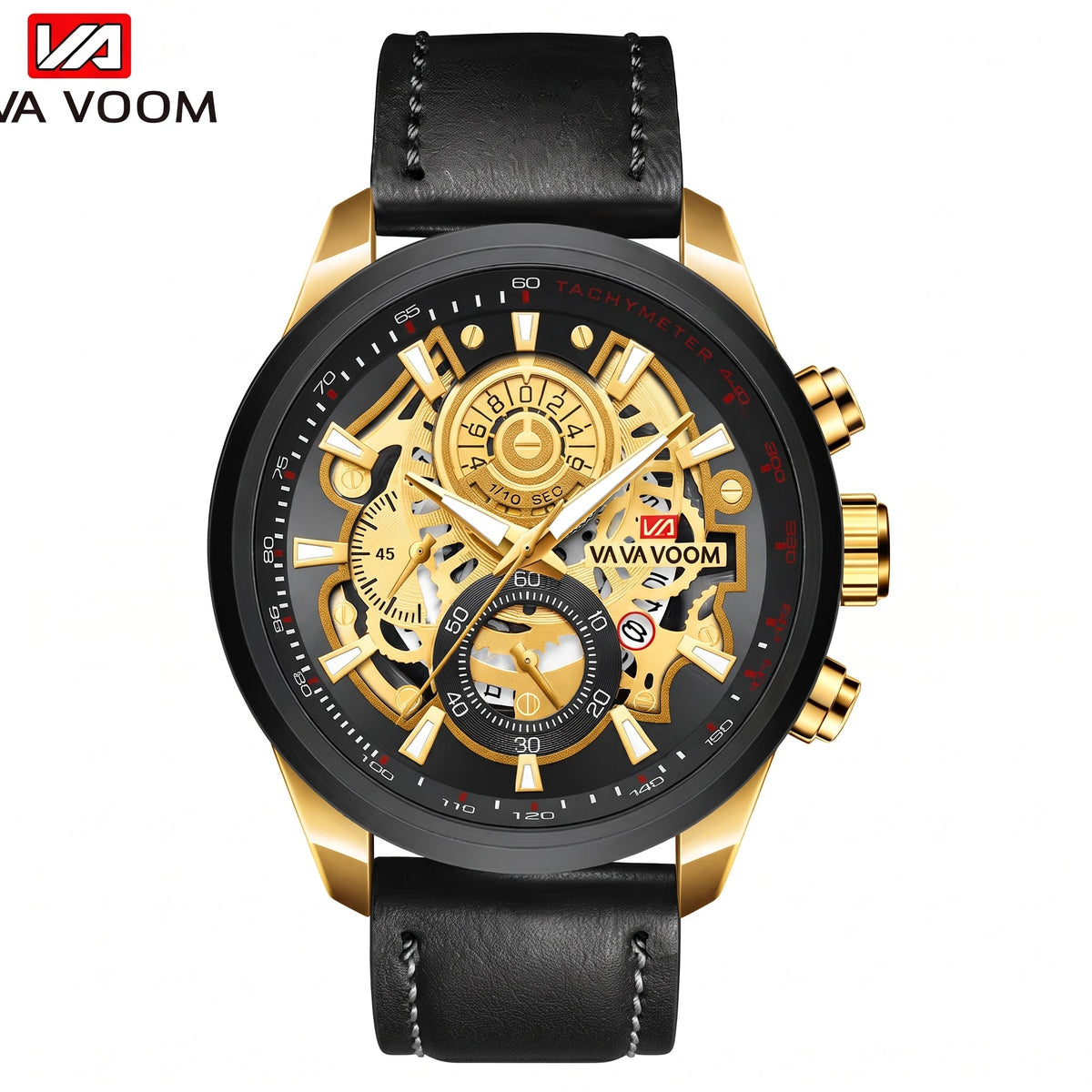 Montre Homme Sophistiquée avec Cadran Ajouré Noir et Doré et Bracelet en Cuir